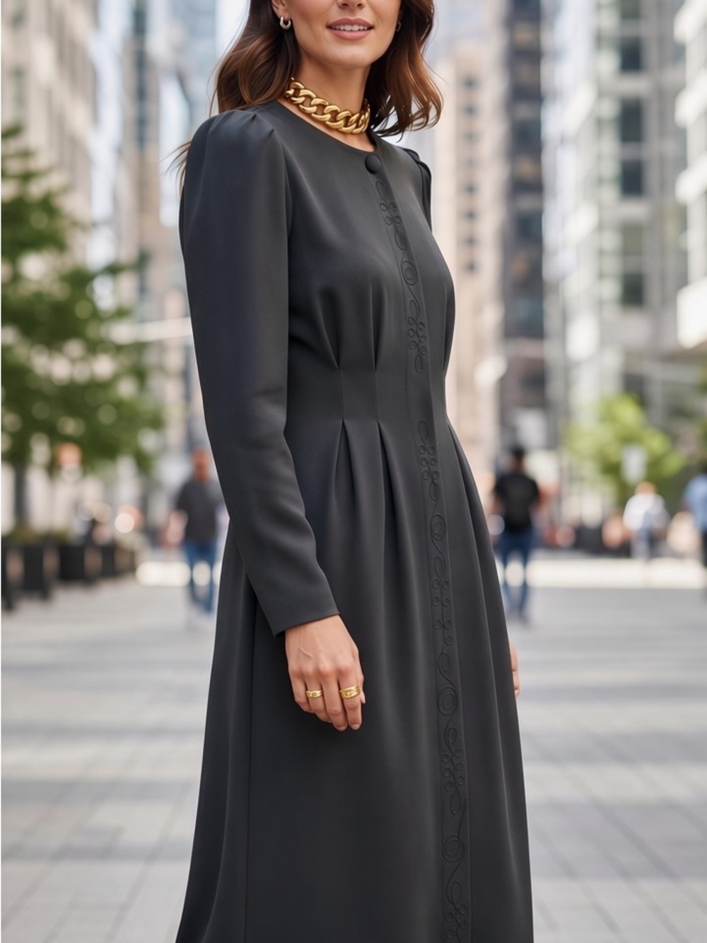 Chaus 8- Black Long-Sleeve Midi Dress with Subtle Embroidery